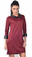 Annie Wine Leather Look Collar/Cuffs Shift Dress