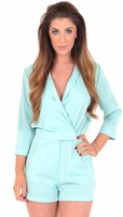 Hollie Mint 3/4 Sleeved Wrap Over Pleated Playsuit