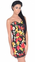 Nieve Black Floral Print Boobtube Lace Trim Mini Dress